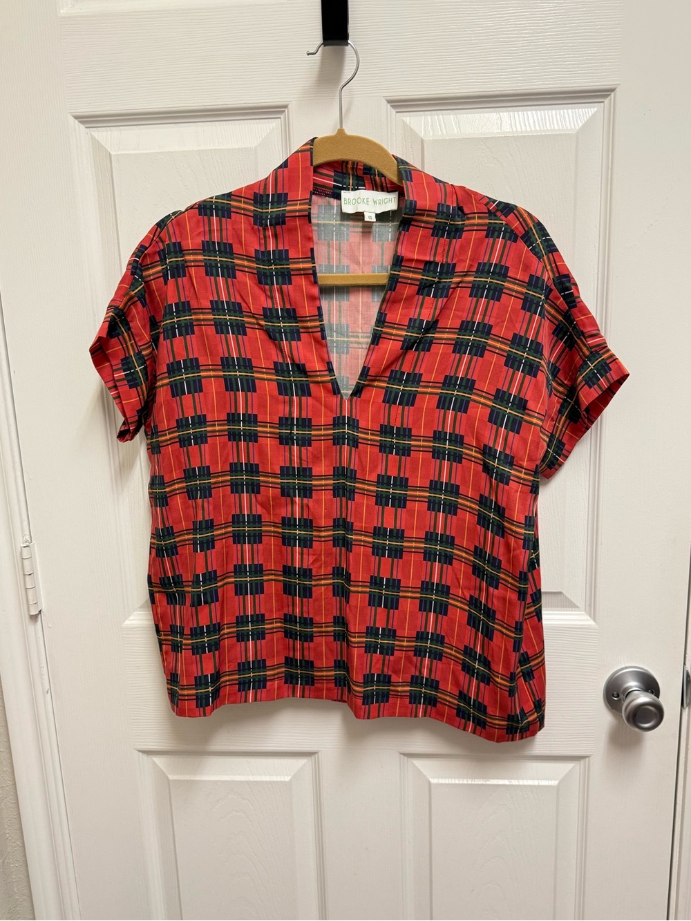 Brook Wright Red Plaid Short-Sleeve V-Neck Top